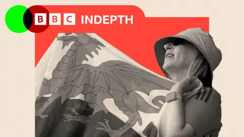 Montage image showing a woman pictured in black and white to the right of the image, wearing a bucket hat and sunglasses, while holding a Welsh flag to the left of the frame