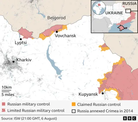 Map showing Russian military control in parts of Ukraine near Belgorod on 6 August. Areas under Russian control are shaded red, limited control is marked with red stripes, and claimed control is shown in yellow. Key locations labelled include Belgorod, Vovchansk, Lyptsi, Kharkiv, and Kupyansk. Source: ISW.