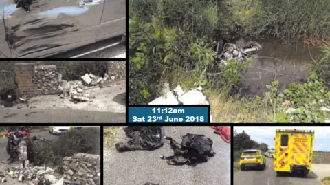 A collage of six photos from the scene of Steve Jones' crash. It shows clockwise from top left a damaged vehicle, a motorbike in a watery ditch, an ambulance with two police cars on a road, shredded leather gear on tarmac and two views of a flint wall, with a chunk out where the bike went through it. 