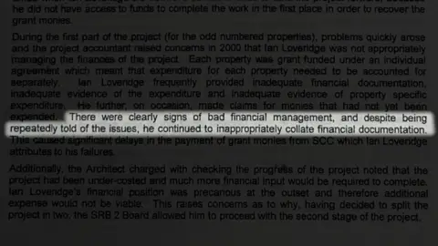 A page of text with one line highlighted. It says: "There were clearly signs of bad financial management, and despite being repeatedly told of the issues, he continued to inappropriately collate financial documentation."