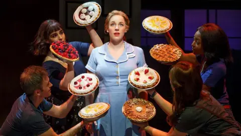 Joan Marcus A woman on stage dressed in a blue waitress uniform, surrounded by four people who hold up different pies around her.