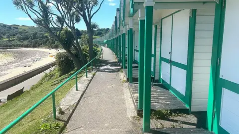 The row of beach huts curving slightly to the left, which are painted white with green posts supporting porches, and green edging around the door frames and fascia boards on the porches. The sky is light blue and almost entirely cloud free, showing a very sunny day. The photo is taken from the east end of the row facing a Tarmac path which runs alongside them. There is a low green rail to the left of the path above a grassy slope which runs down to a promenade between the huts and the beach. A short distance along the path is a clump of palm trees and bushes. A stretch of sand and pebbles or rocks is visible to the left of the picture, with a few groups of people sitting on the beach.