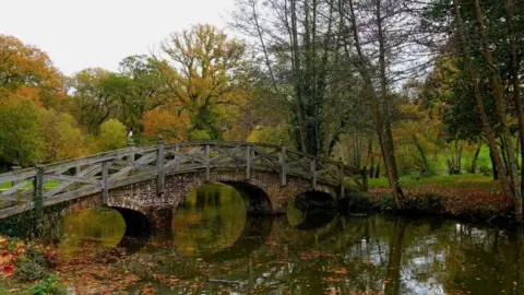 Alison Treacher A brick bridge with wooden railings over a river in a forested park. Autumn leaves float on the water surface.