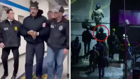 A composite image showing Maduro in the DEA office, and being escorted at a heliport