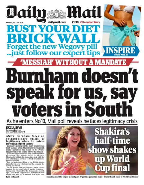 The headline on the front page of the Daily Mail reads: “Burnham doesn't speak for us, say voters in South”.