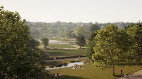 @Allies&Morrison/AELTC CGI of what the northern parkland would look like, with trees, the lake and people resting on the grass.