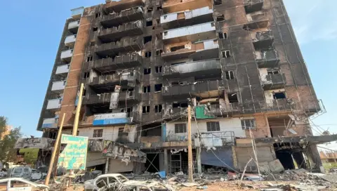 Ken Mungai / BBC The charred carcass of a building with balconies in the Haj Yusuf district of Sudan's capital Khartoum. The wreckage of white cars can be seen in front - March 2025