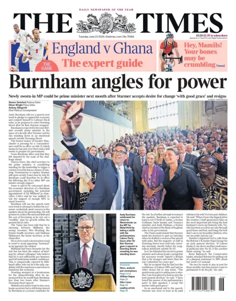 "Burnham angles for power," writes the Times on its front page headline.