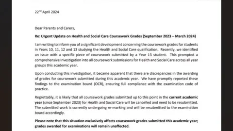 Supplied A letter from Joseph Whitaker School in Nottinghamshire to parents and carers. 