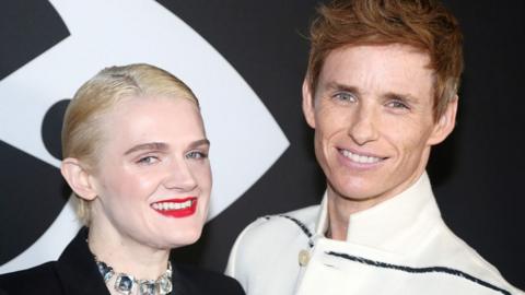 Gayle Rankin and Eddie Redmayne pose at the opening night of "Cabaret" on Broadway at The Kit Kat Club at The August Wilson Theatre on April 21, 2024 in New York City.