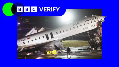 An Air Canada plane damaged on the runway at LaGuardia airport at night after crashing with a fire truck, overlayed onto BBC Verify branding.