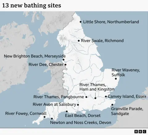 Map of England showing 13 newly designated bathing sites marked with dots. Locations are spread across the country, including Little Shore in Northumberland, the River Swale at Richmond, New Brighton Beach on Merseyside, the River Dee at Chester, the River Waveney in Suffolk, Canvey Island in Essex, Granville Parade in Sandgate, multiple sites along the River Thames near London and Pangbourne, and sites in the south‑west such as the River Avon at Salisbury, East Beach in Dorset, Newton and Noss Creeks in Devon, and the River Fowey in Cornwall. 
