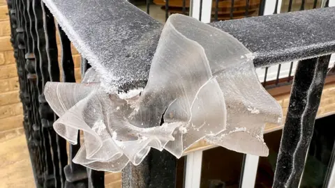 An ice flower formation on a balcony rail. It is wavy and slightly cracked.