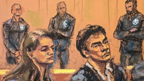 Reuters Sketch of Mangione in court with his attorney. He is in a suit jacket