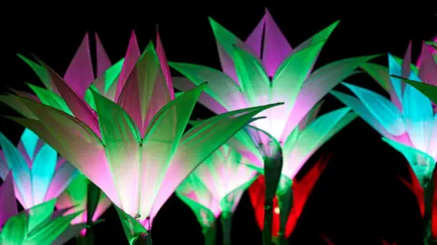 Light fixtures in the shape of budding flowers rise up out of the ground. They are illuminated in greens, pinks and blues.