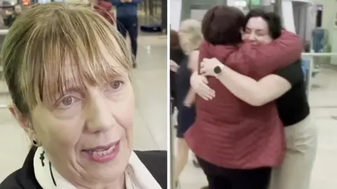 Splitscreen. Left, a woman speaks. Right, Two people embrace in an airport