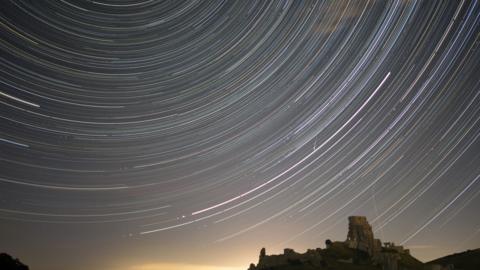 composite image of Perseid Meteors across the night sky