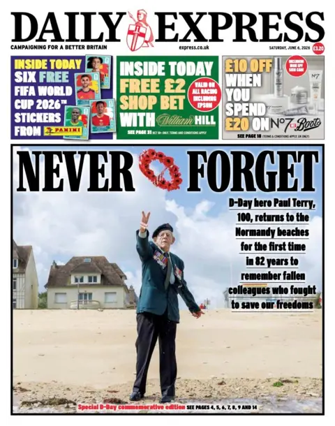 The headline on the front page of the Express is 'Never forget'
