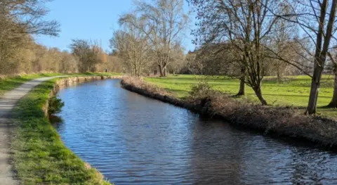 A canal with trees on the far side and grass and a towpath on the near side