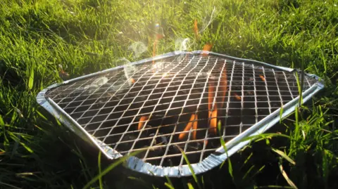 Getty Images A disposable barbecue smokes on green grass