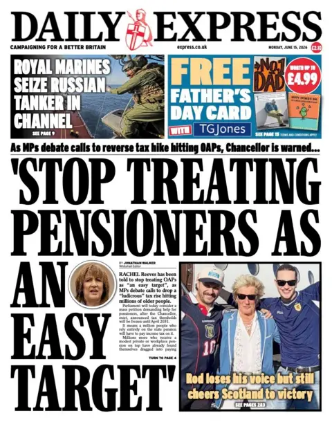 The headline on the front page of the Express reads: “Stop treating pensioners as an easy target”.