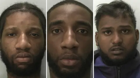 The image shows three tightly cropped head-and-shoulders mugshot-style photographs placed side by side against a plain background. Each person faces the camera directly, with neutral lighting, and all three have short to medium hair and visible facial hair, with no additional objects or text in the frame.