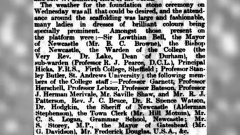 Newcastle Weekly Chronicle A newspaper clipping which starts by saying: "The weather for the foundation stone ceremony on Wednesday was all that could be desired."