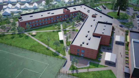 An artist impression of a new school building. It is an 'L' shape, with pathways crossing in the middle.