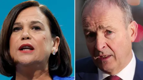 Mary Lou McDonald (left) and Micheál Martin (right). Mary Lou has shirt talk hair and brown eyes. Micheál has this grey-ish hair and blue eyes.