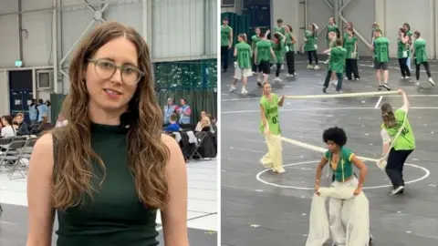 Left, a woman in a green top. Right, a number of children practice for the ceremony.