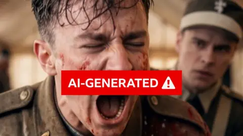 Tony Smith An AI generated image of a man, his face and army uniform are spattered with blood and mud 
