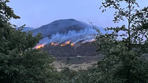 Gorse fires burning on a hill under a darkening sky