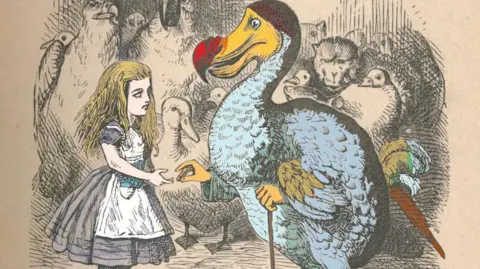 An illustration shows a young blonde girl and a colourful bird with a walking stick. In the background other birds and a monkey watch them. 