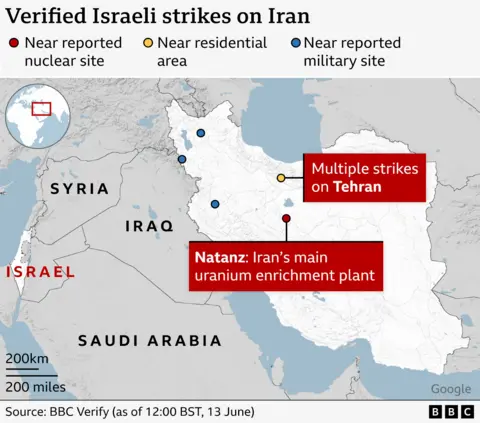 Map showing Israel's strikes on Iran - showing multiple strikes on Tehran near residential areas, a strike on the country's main uranium enrichment plant in Natanz to the south of Tehran and strikes near three reported military sites to the east of the country
