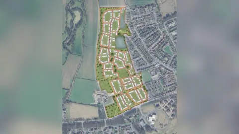 A map of the planned Colburn Grange development showing fields to the left of the planned development and existing housing to the right hand side.