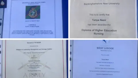 A compilation image of four fake certificates belonging to Tanya Nasir