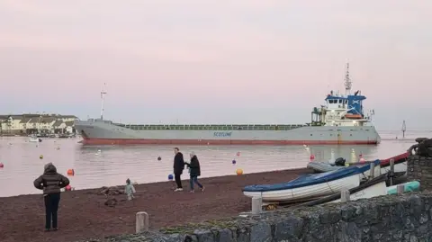 A large silver cargo ship called Scot Pioneer is seen in the water in Teignmouth Harbour. Three adults a small child are seen in the foreground on the beach at Shaldon.
