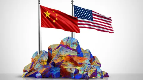 wildpixel/Getty Images An illustration shows a Chinese and an American flag on top of a pile of rare earth minerals.
