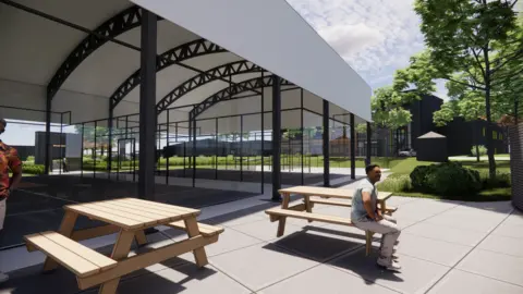 Discovery Schools Academies Trust A CGI image of covered padel courts with two wooden benches, with a man sitting in front 