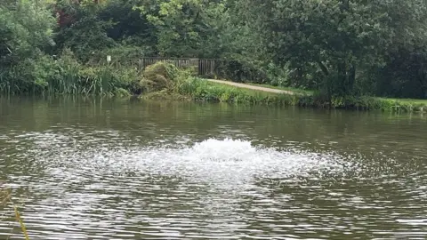 A bubbling section of water in a lake where an aerator is