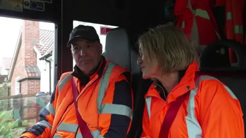 Shaun Whitmore/BBC Refuse worker Merv Pyman and BBC Politics presenter Amelia Reynolds