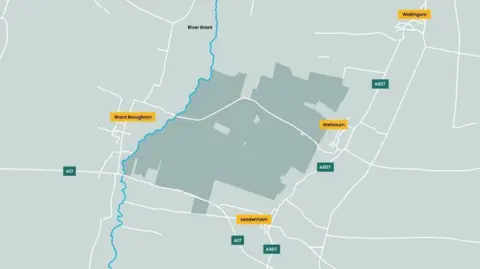 Telis Energy UK A map of the plans for Leoda Solar Farm, showing its proposed position in relation to Leadenham, Brant Broughton and Welbourn.