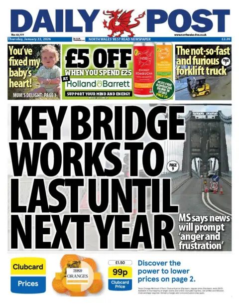 Daily Post Daily Post front page. Headline is: "Key bridge works to last until next year". Other headlines read: The not-so-fast and furious forklift driver, and 'you've fixed my baby's heart!'