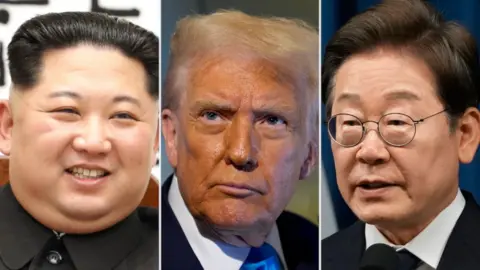Kim Jong Un, Donald Trump and Lee Jae Myung are seen.