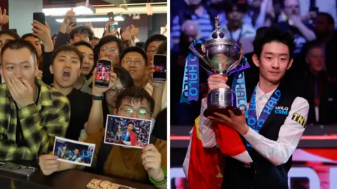 Split screen image with a crowd of people screaming and holding photos of the snooker world champion on the left, and the world snooker champion holding his trophy on the right