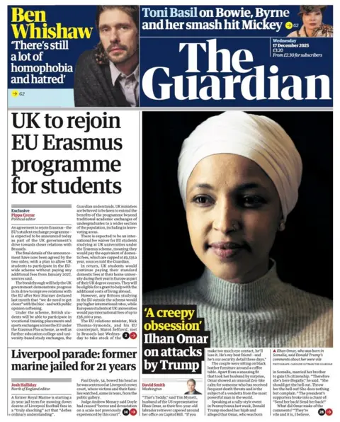 The headline on the front page of the Guardian reads: "UK to rejoin EU Erasmus programme for students"