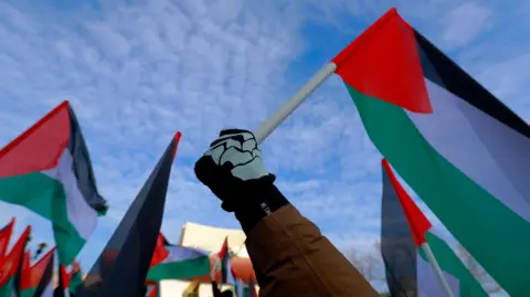 A person holds up a Palestinan flag