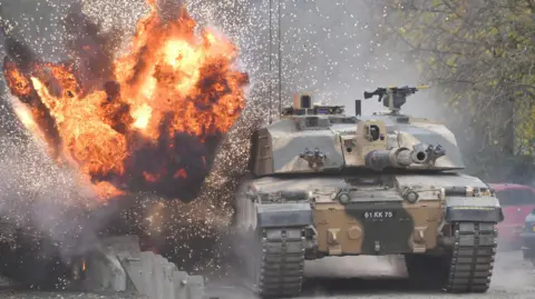 A Challenger 2 Main Battle tank during a demonstration in Wiltshire 