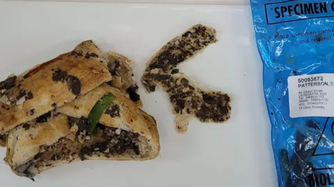 Supreme Court of Victoria Beef Wellington recovered from bin on the left and a transparent blue specimen bag on the right