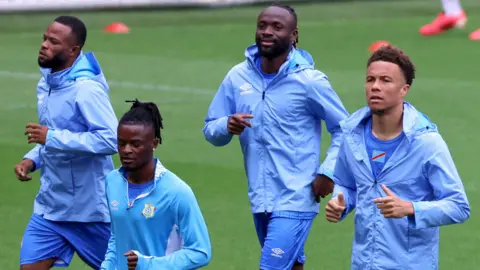 DR Congo's players train at Liege's stadium before their friendly with Denmark